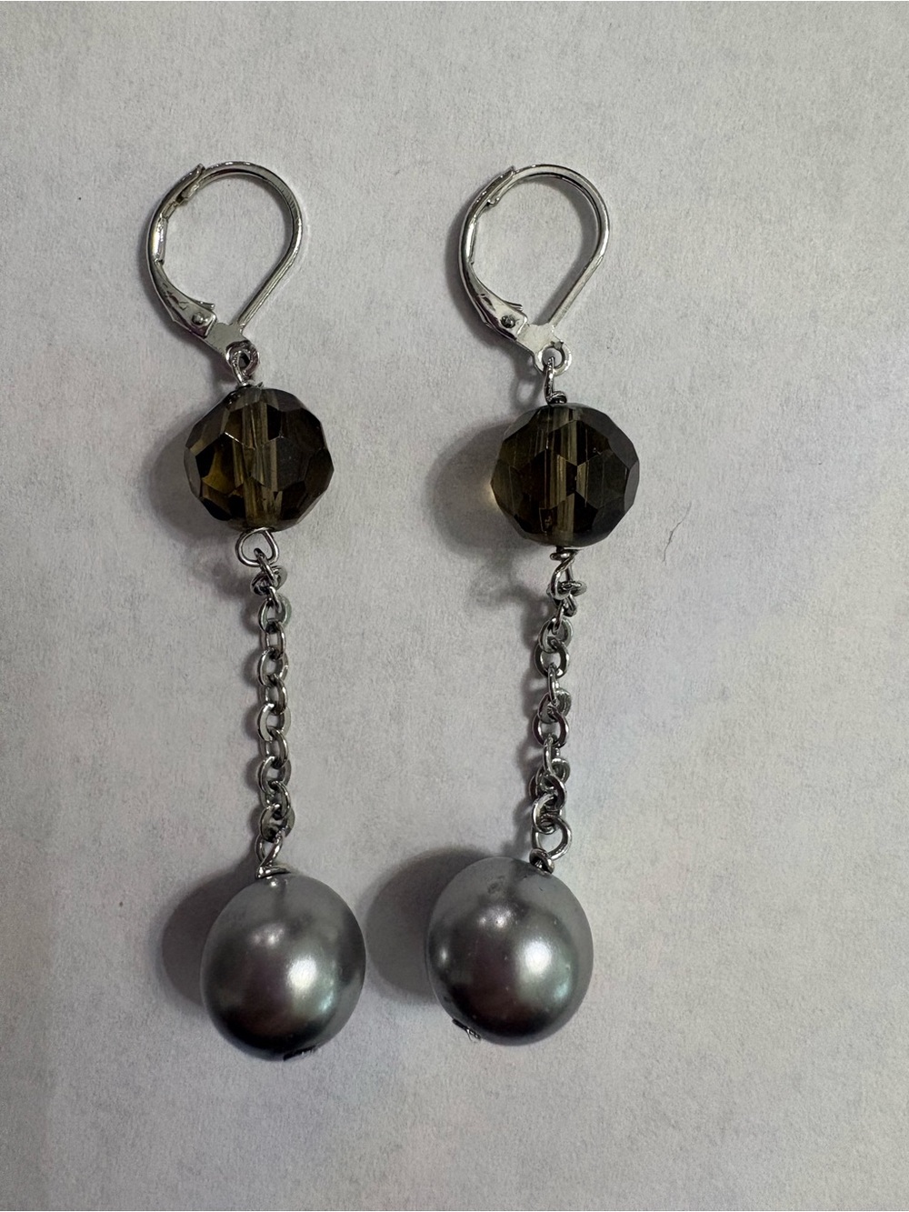 Vintage Cookie Lee Gray Pearl and Smoky Crystal Leverback Drop Earrings